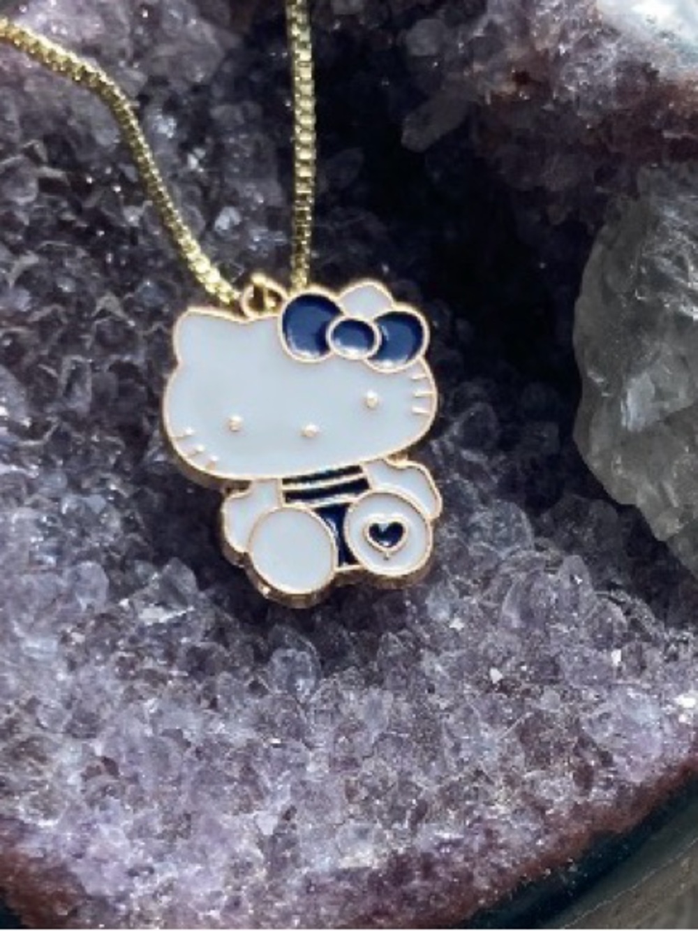 Gold-Tone White & Navy Kitty Enamel Pendant Necklace